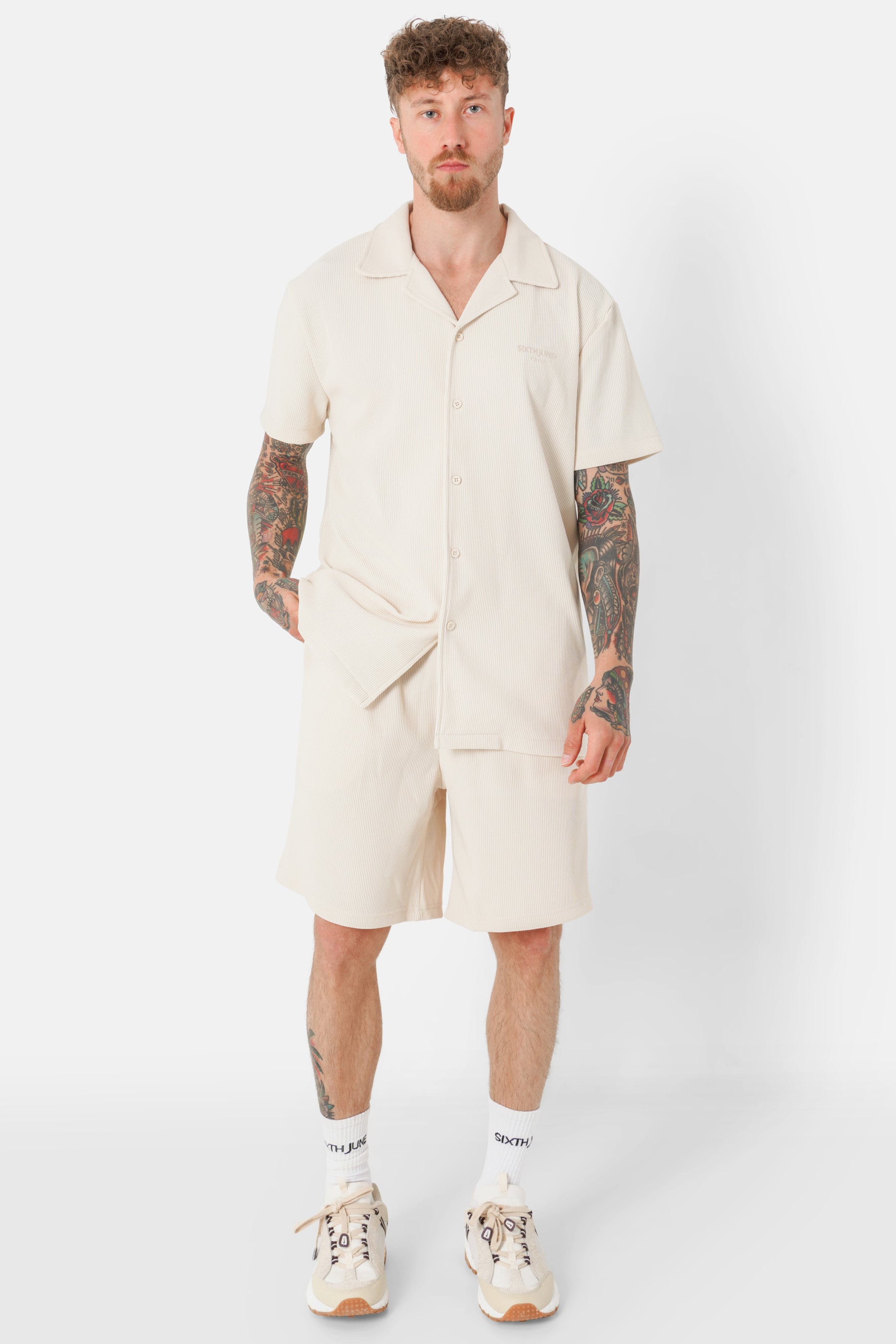 Chemise manches courtes plissé Beige