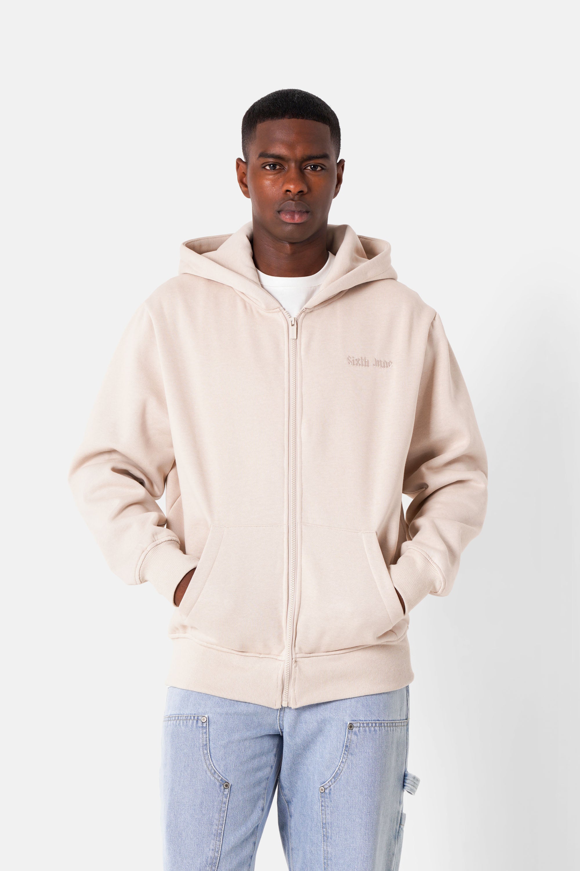 Sweatshirt capuche zip citations Beige