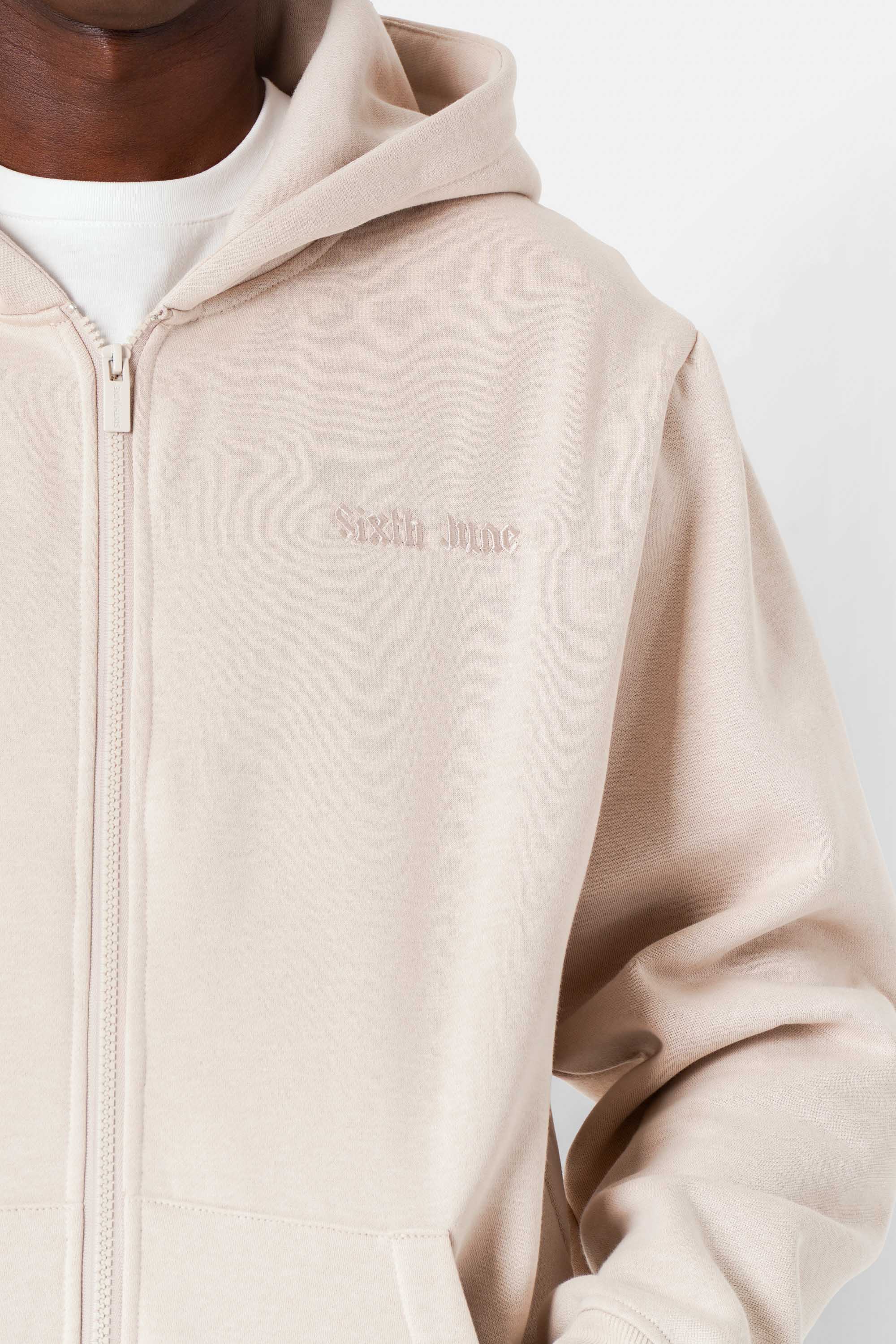 Sweatshirt capuche zip citations Beige