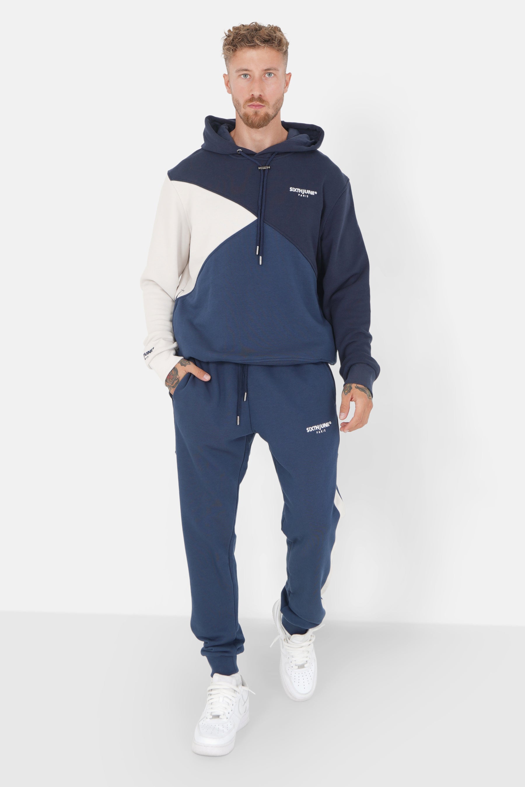 Sweatshirt capuche tricolore Bleu