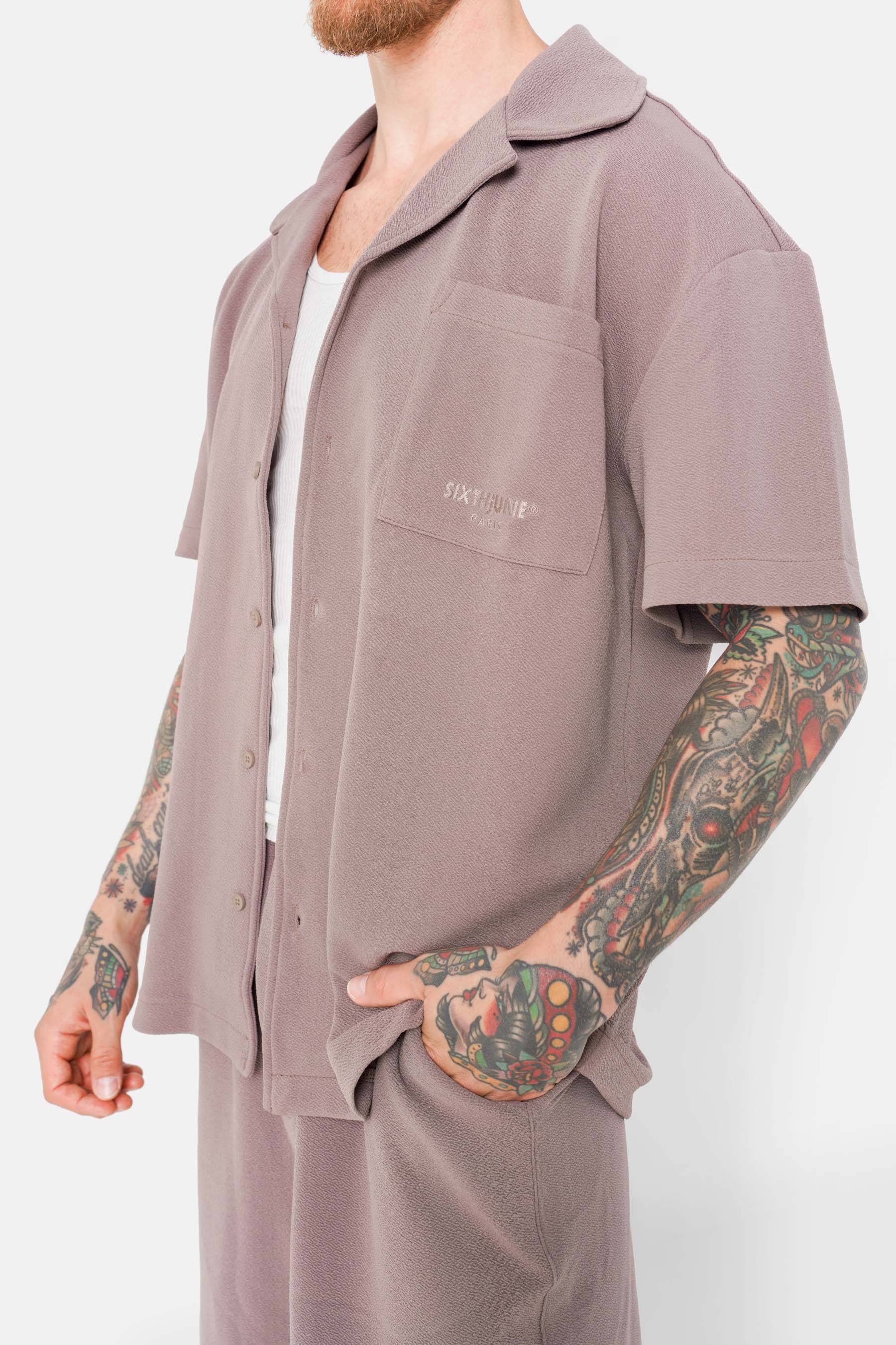 Taupe textured embroidery shirt