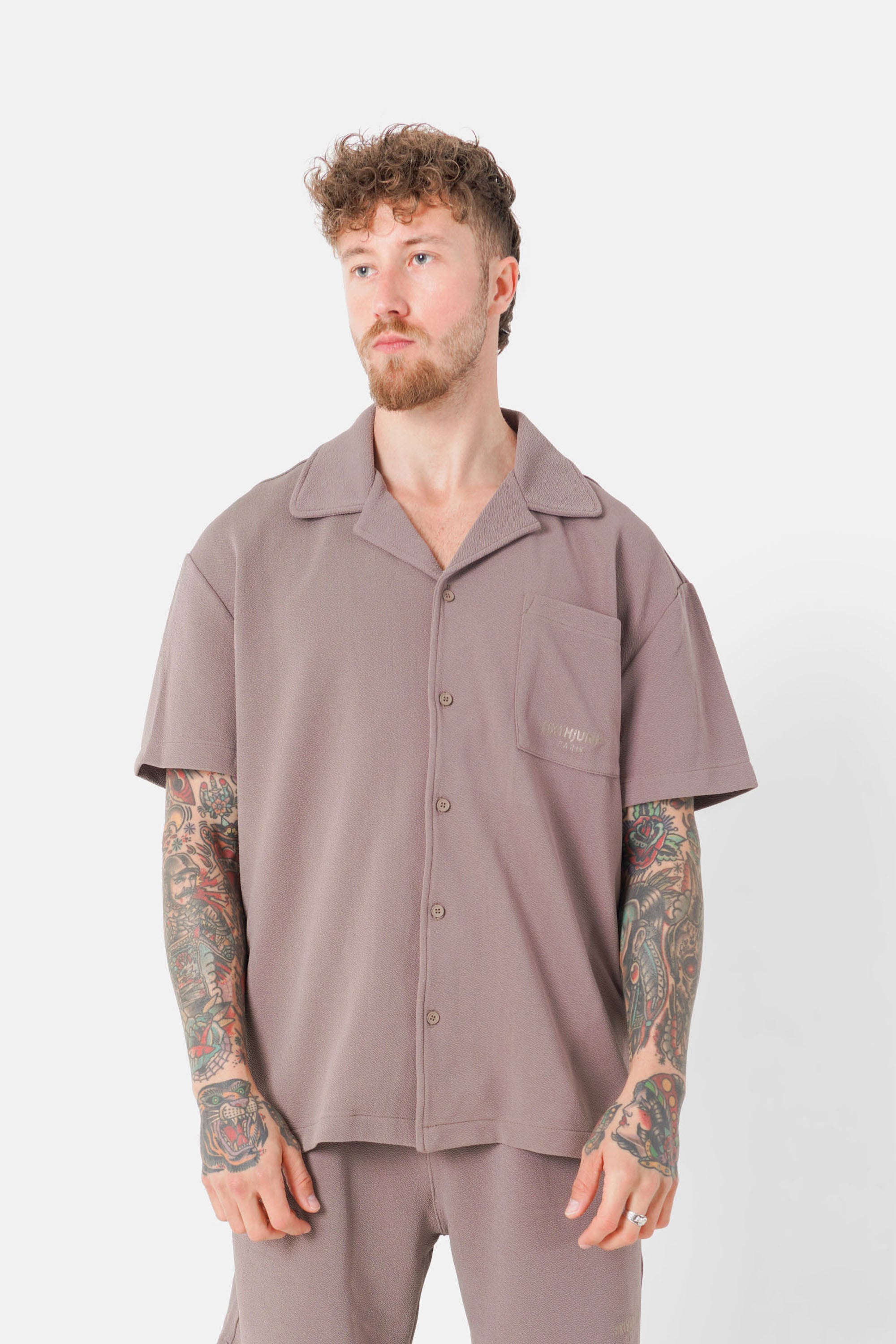 Taupe textured embroidery shirt