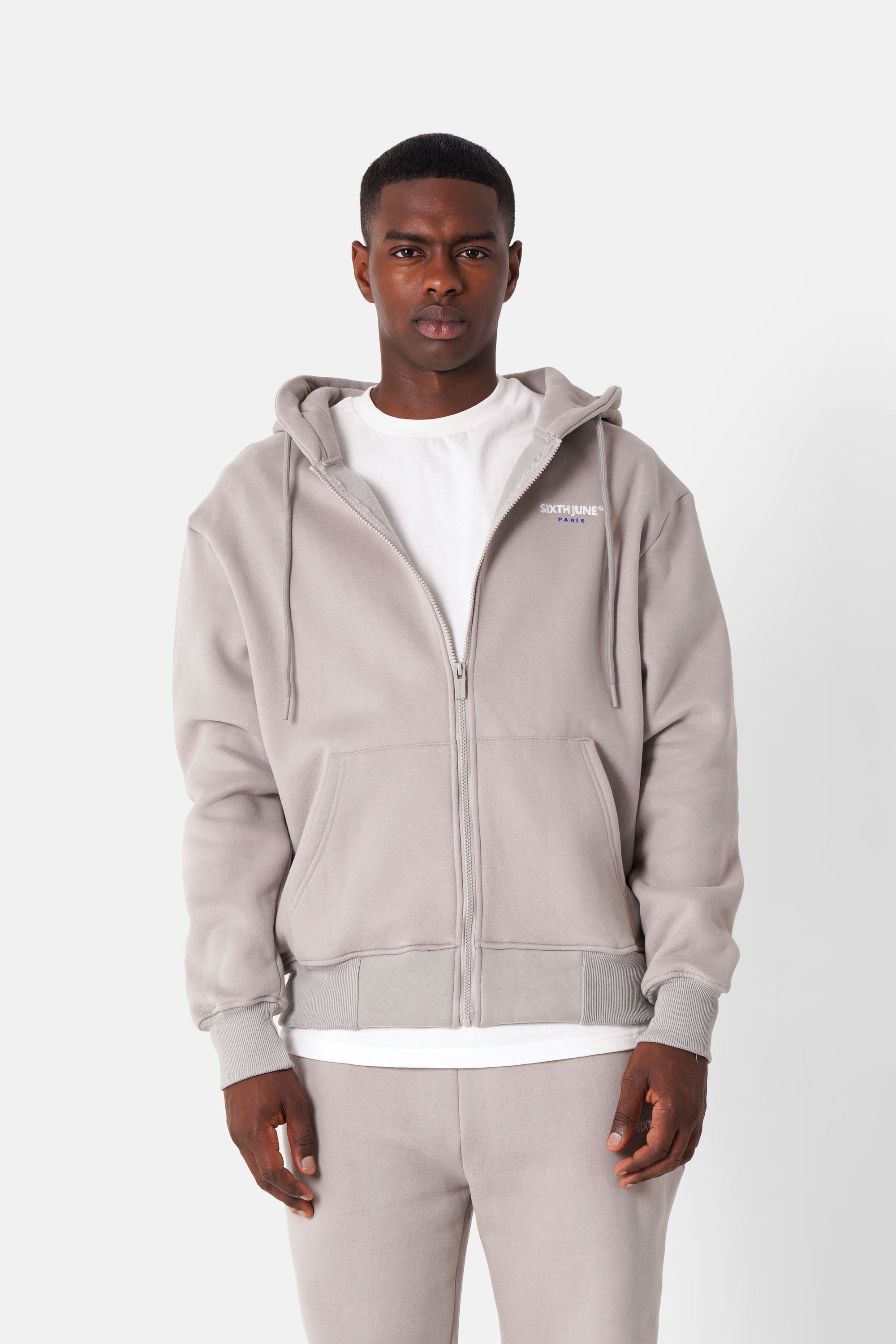 Sweatshirt zip capuche broderie Gris