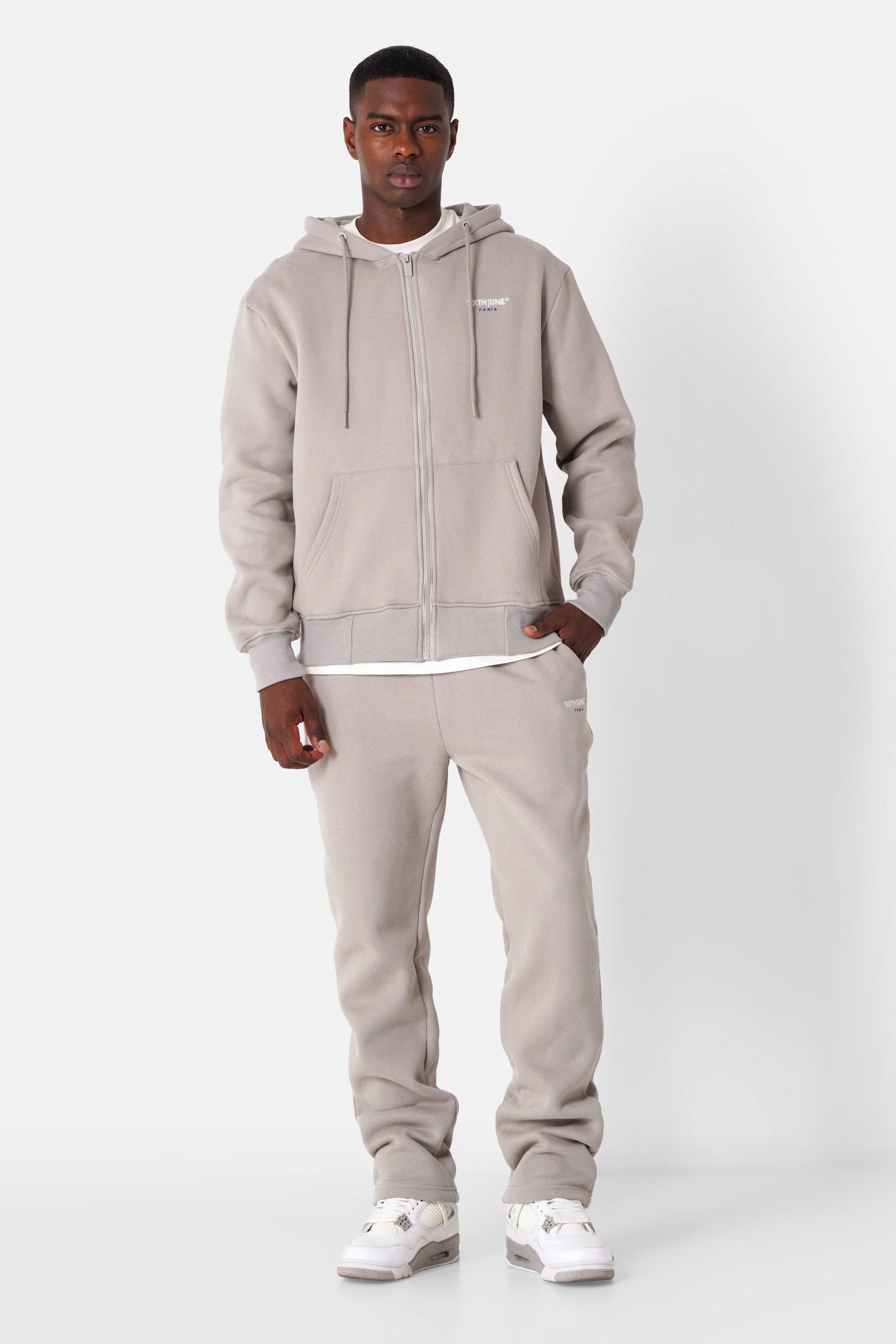 Sweatshirt zip capuche broderie Gris