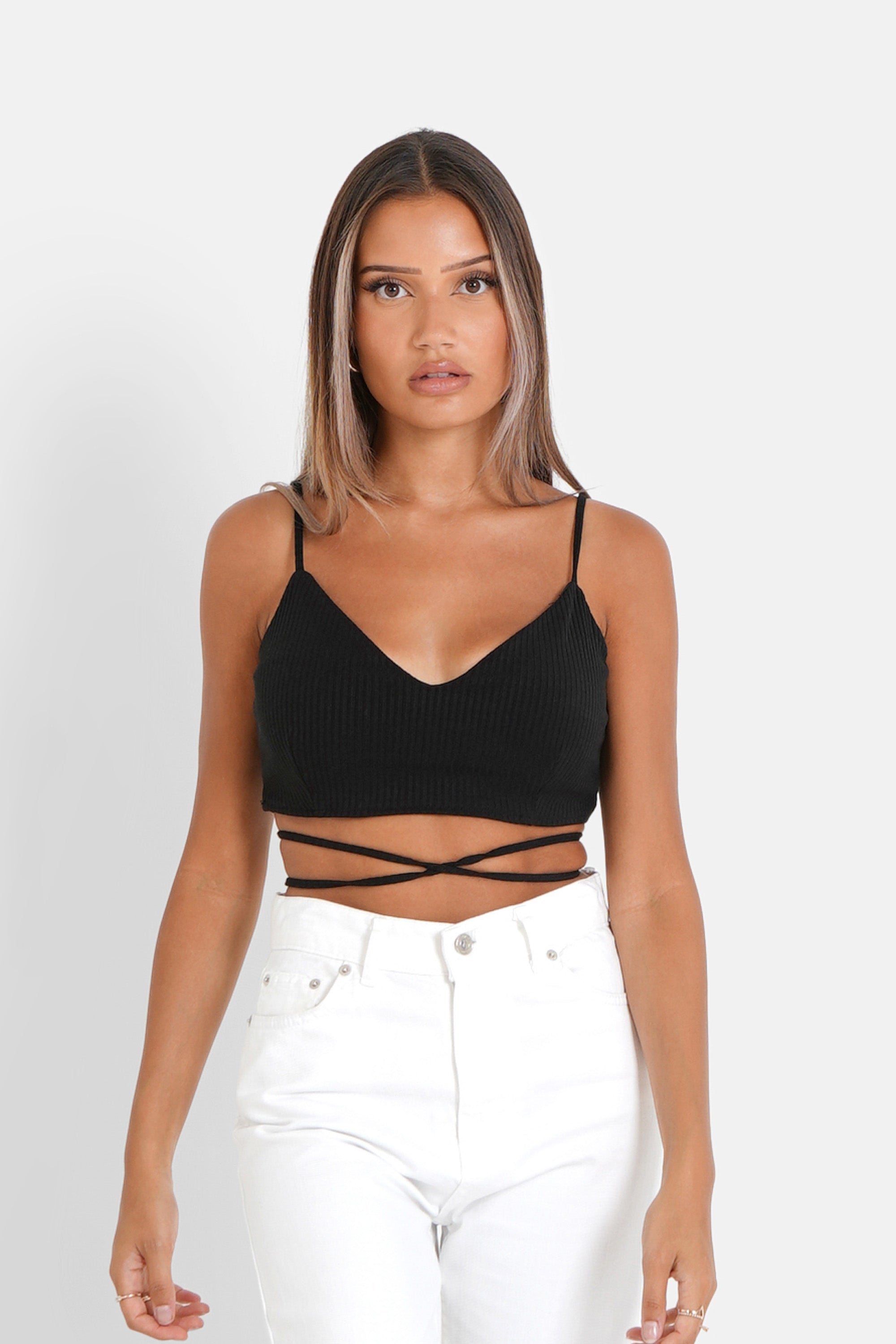 Ribbed straps drawstrings top Black