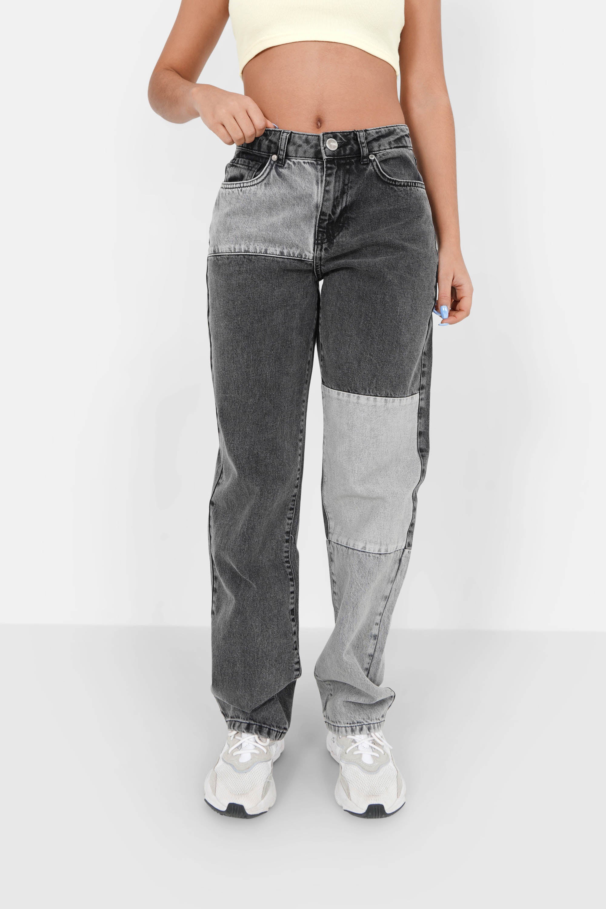 Weite Patchwork-Jeans Dunkelgrau