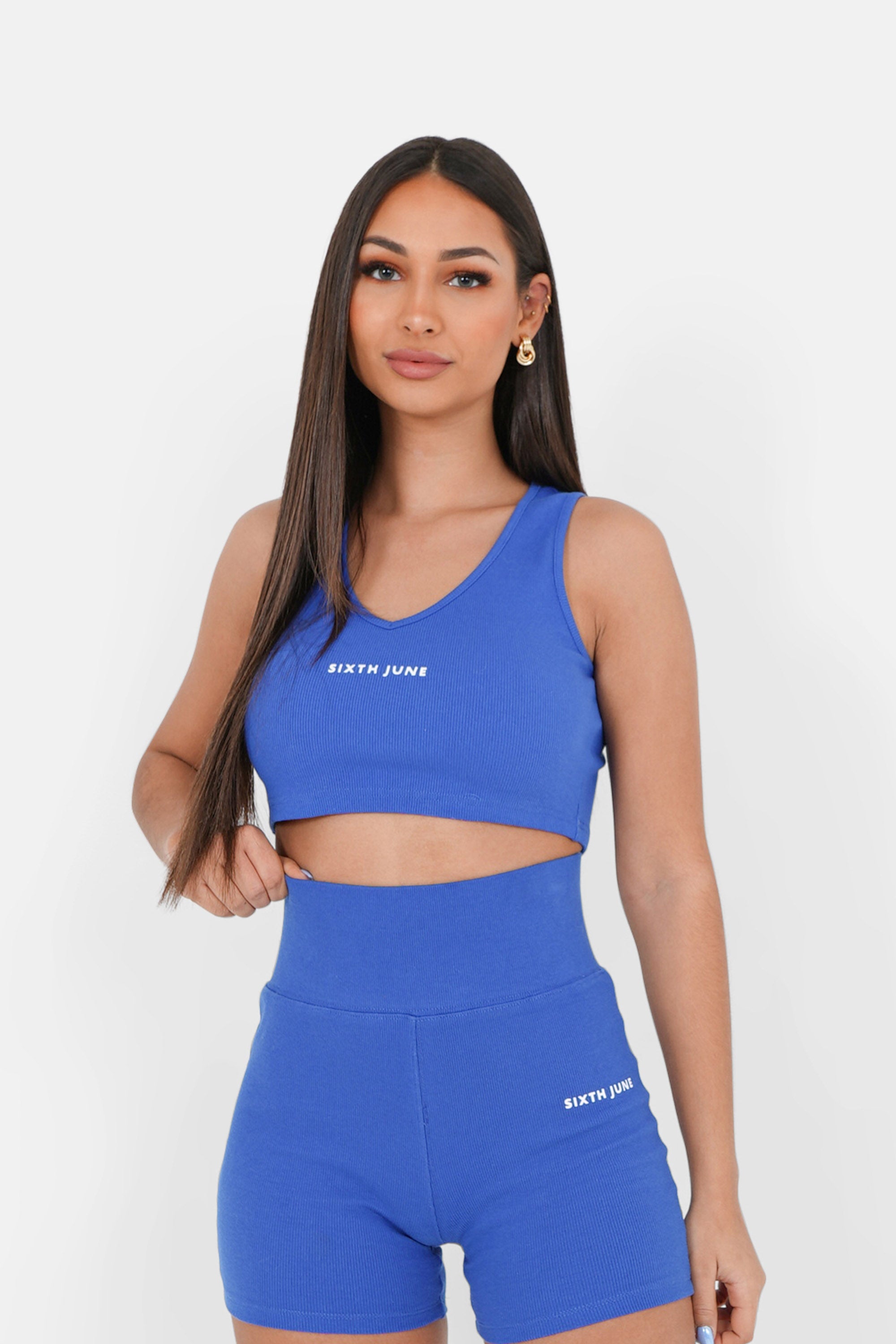 V-neck logo cropped top Blue