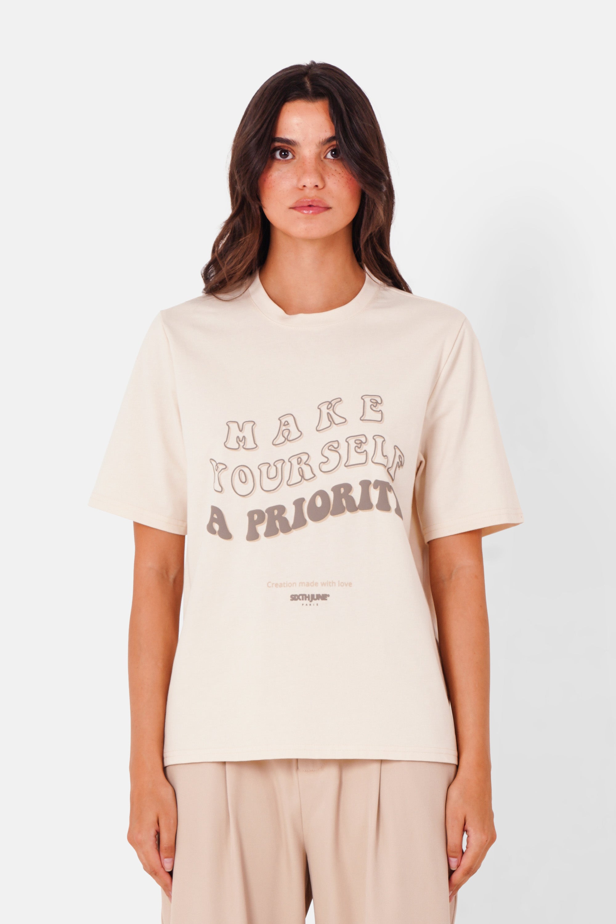 T-shirt citation priority logo Beige