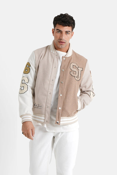 Bicolored felt varsity jacket Beige