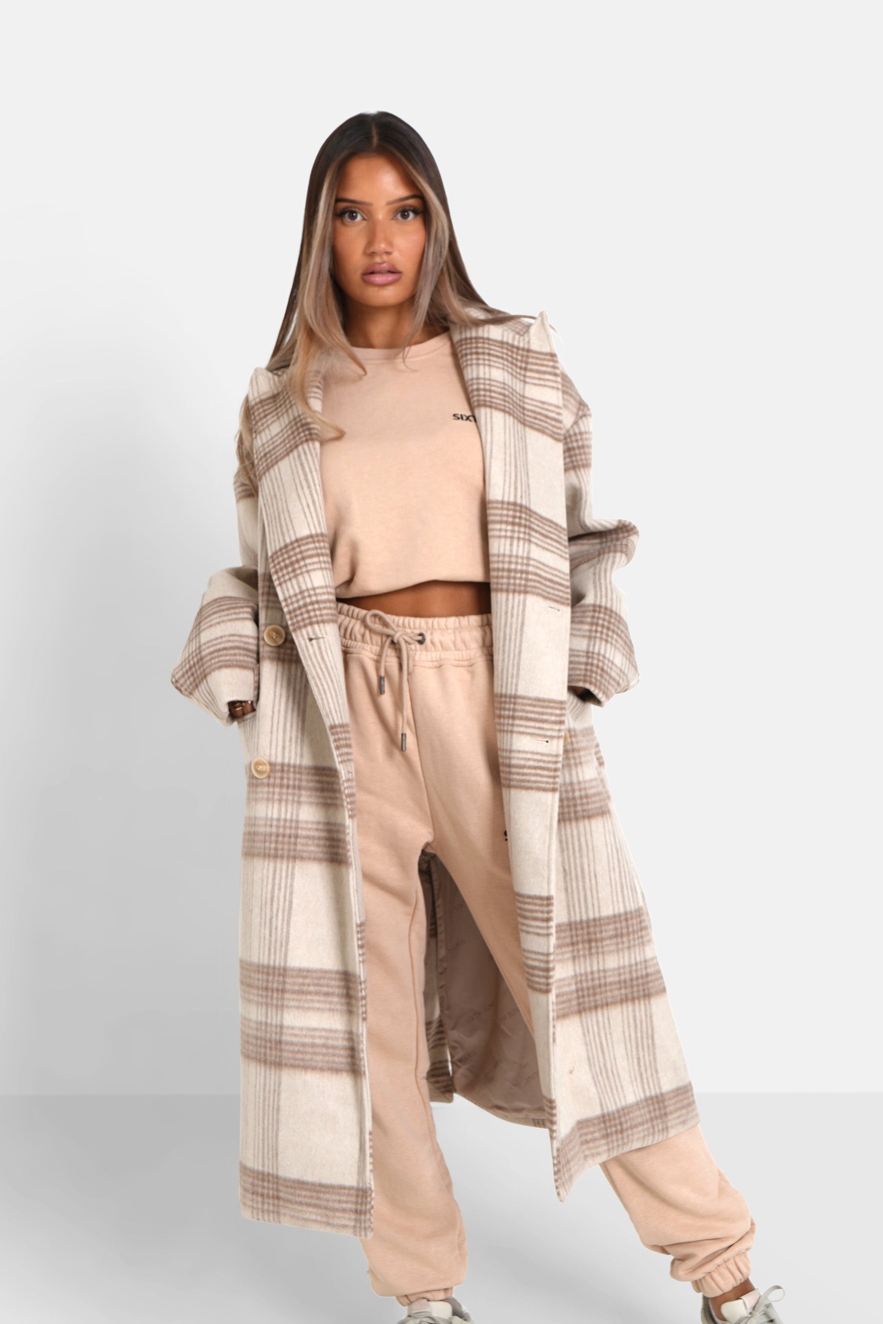 Long checked jacket Beige