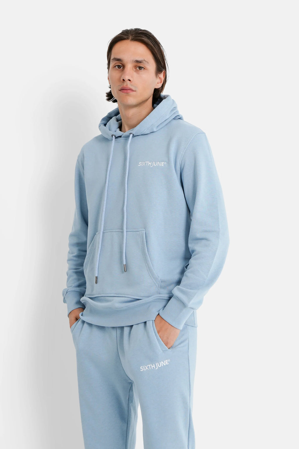 Joggers + hoodie small logo Light blue – Sixth June