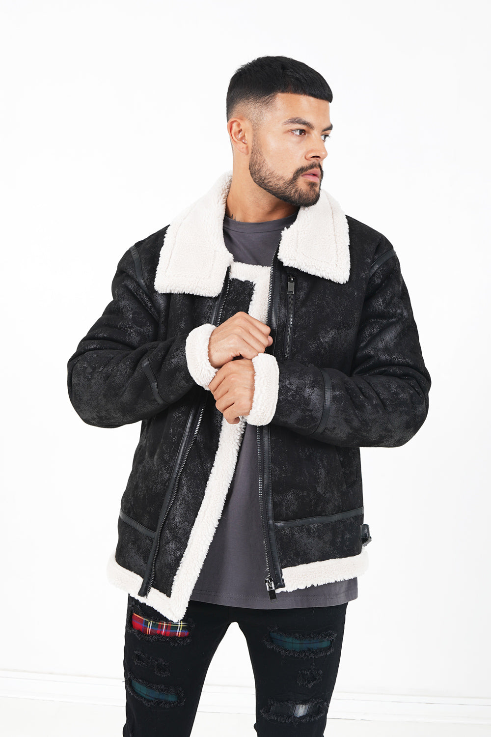 Aviator jacket black and white best sale