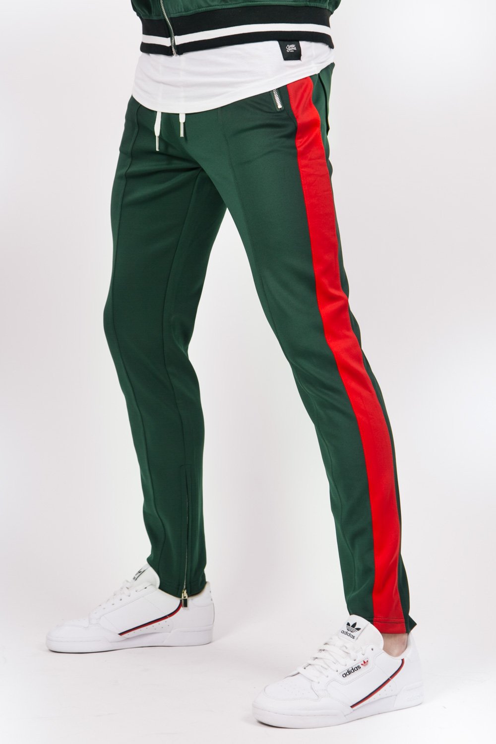 Green store red joggers