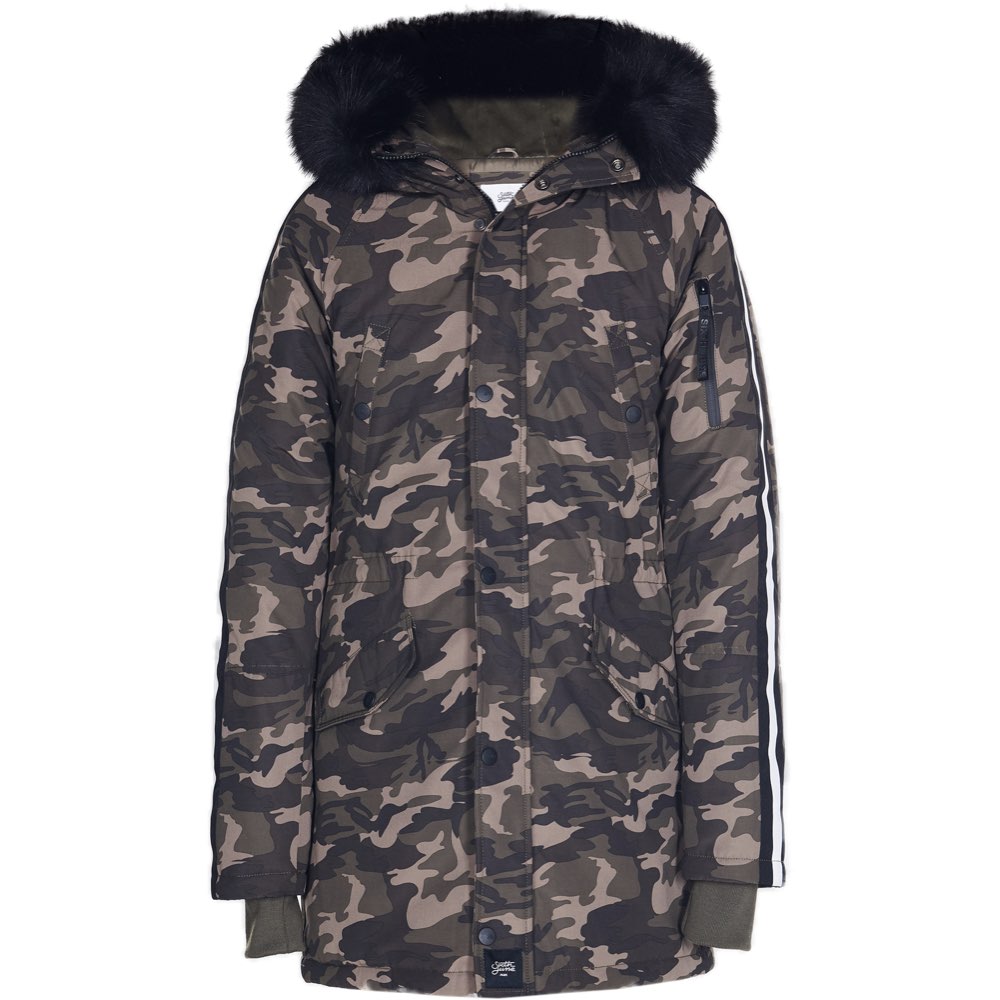 Camo drawstring hooded hot sale parka with sleeve print