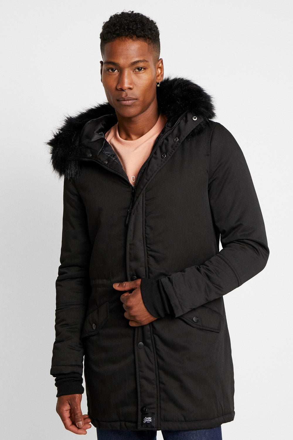 Sixth june parka coat in best sale black with black faux fur hood